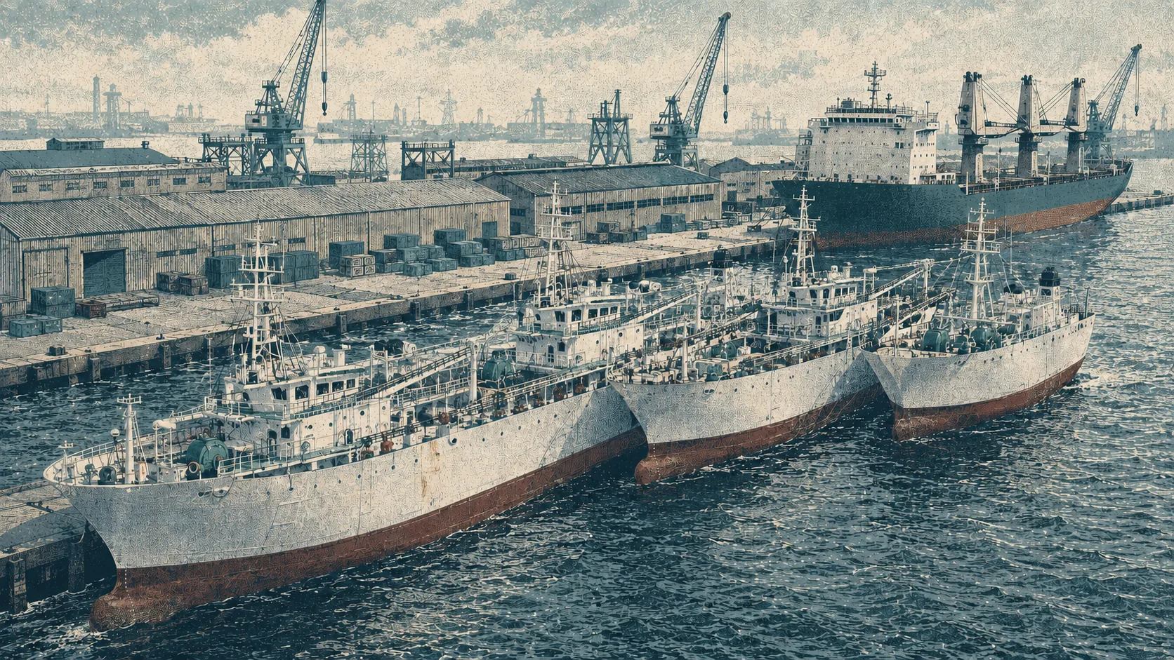 Ilustrasi armada kapal penangkap industri berlambung tinggi di dermaga dengan gudang dan crane.
